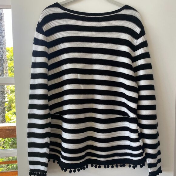 Peck & Peck Stripe Sweater with Pom Poms, Black and‎ White, Size XL - Picture 2 of 5